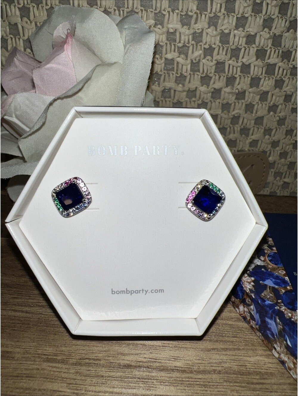 Bomb Party September Earrings. Sass & Charm. Sapphire W/quartz. Rhodium Plating.